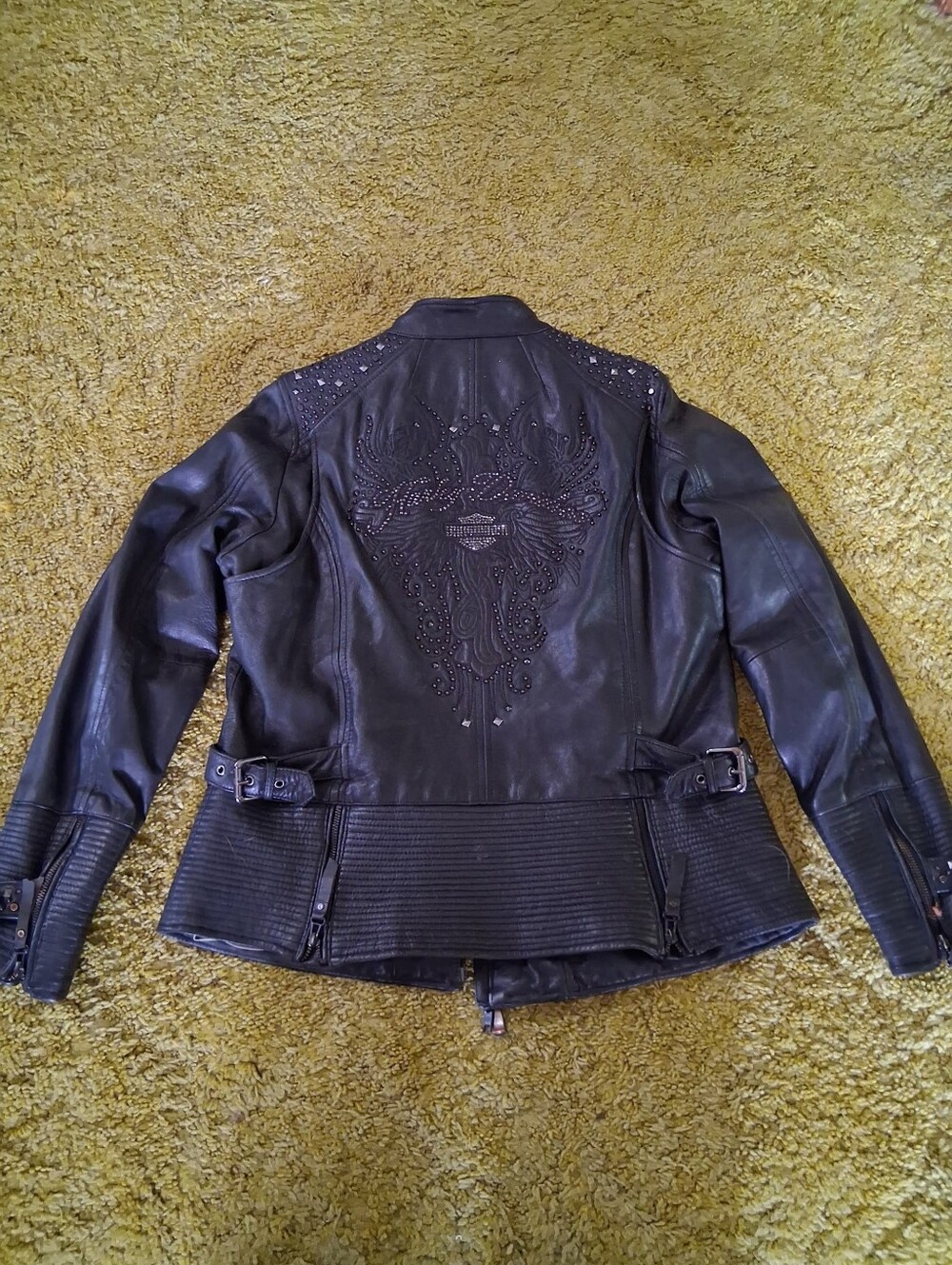 XL Harley-Davidson Black Women's Embellished Leather Moto Jacket - Picture 8 of 9
